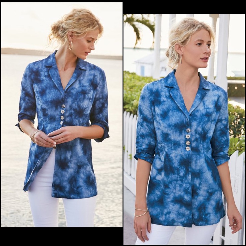 Soft Surroundings Tie Dye Linen Hourglass Silhouette Jacket Coat Pockets